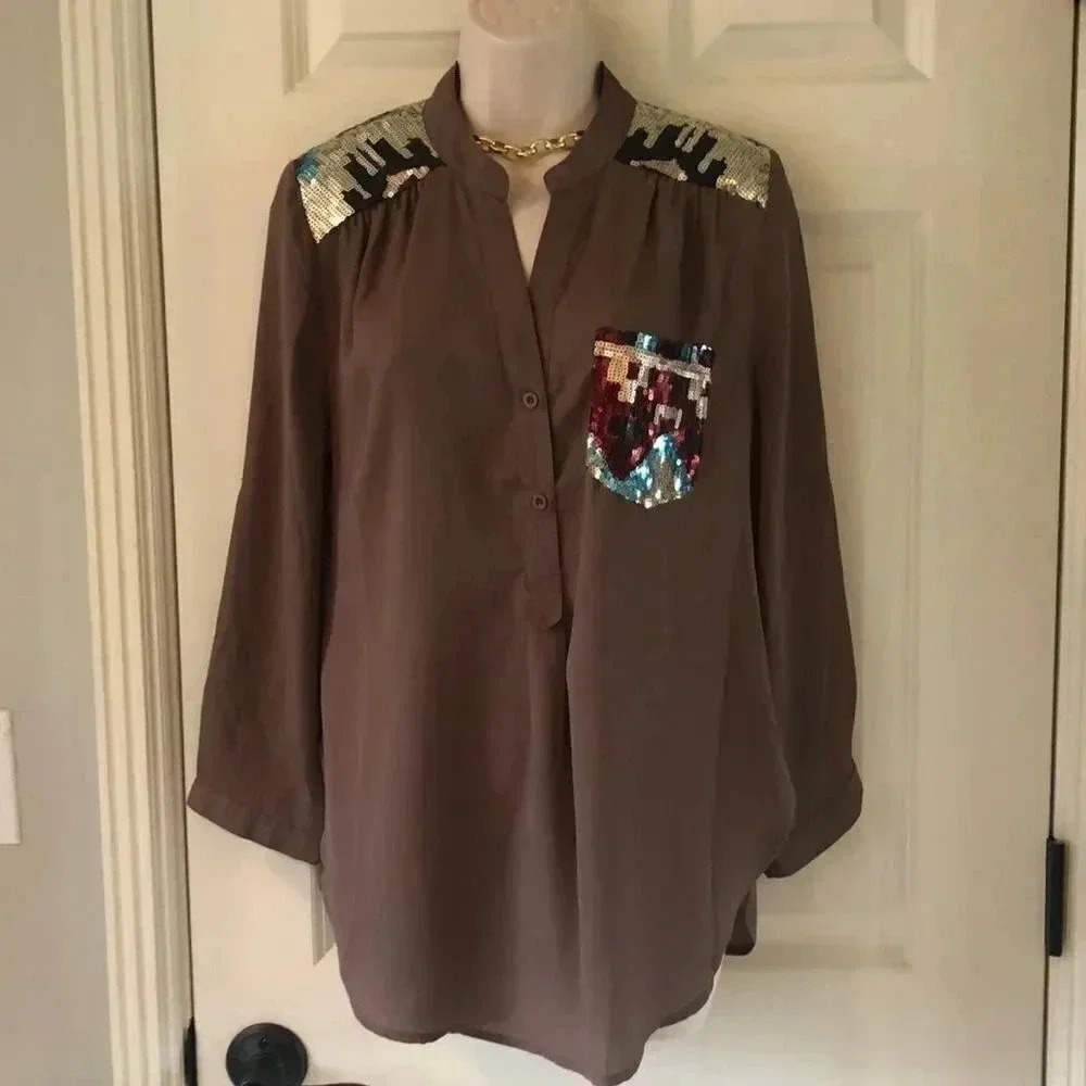 𝅺Entro brown long sleeve sequence blouse‎ size small southwestern design